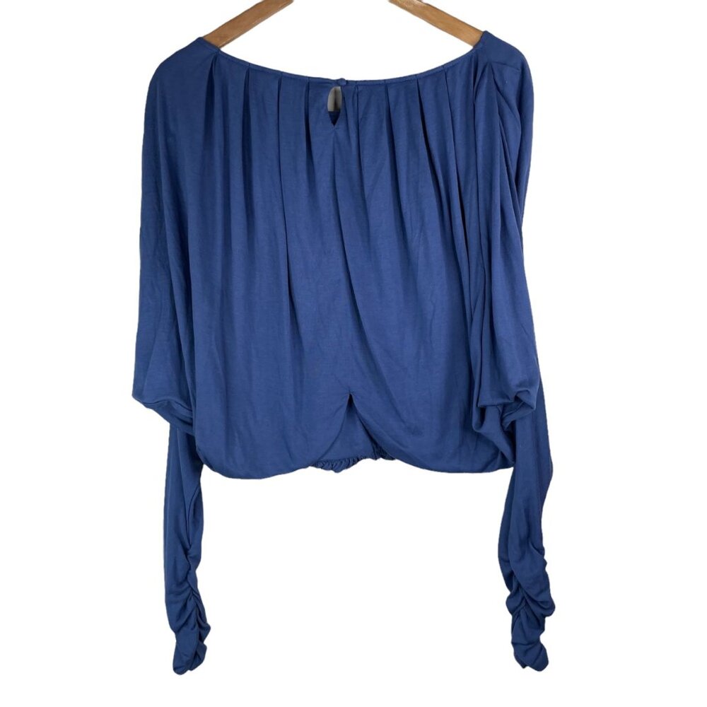 Miilla Top Women Medium Cropped Casual Ruched Long Sleeve Keyhole Blue Lagenlook